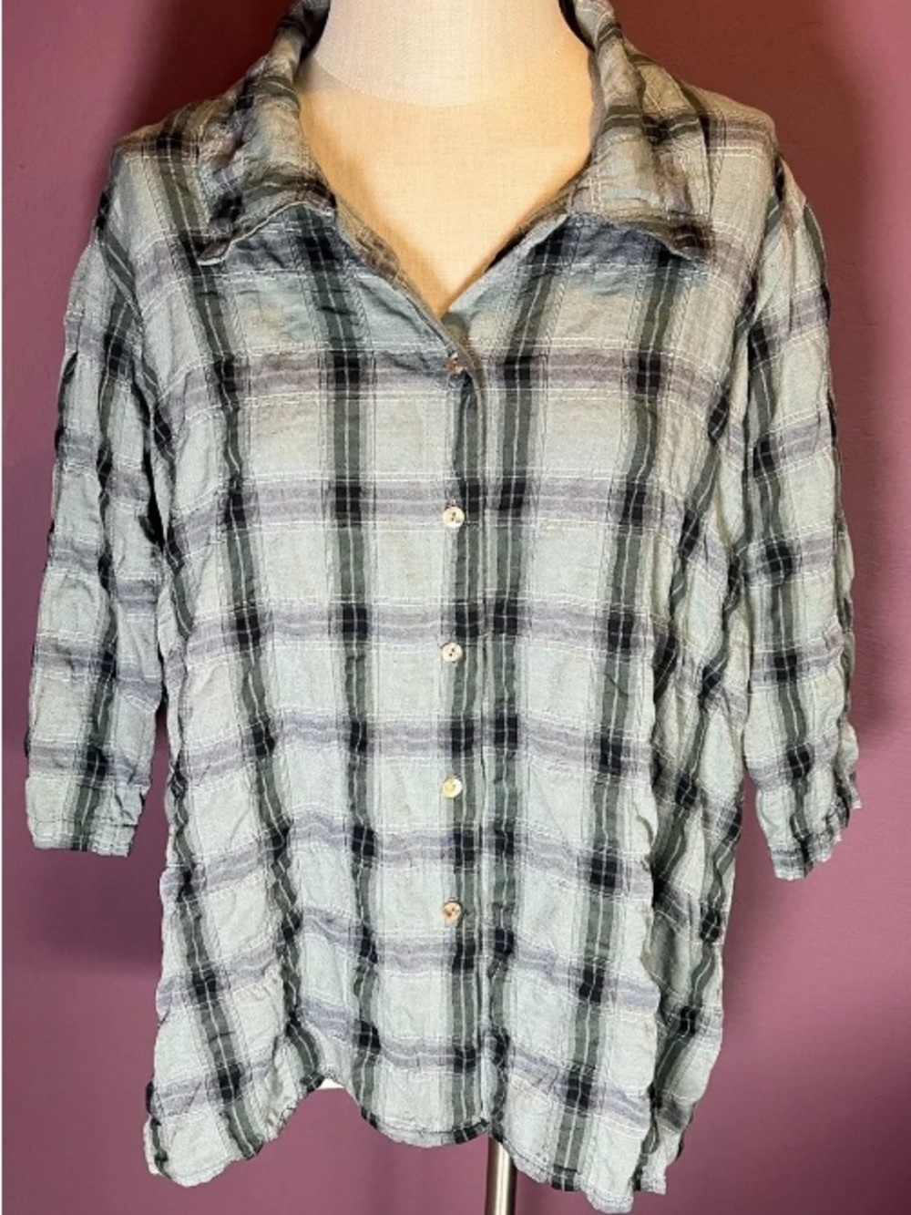 Light Sage Plaid Button-Up Women's Top